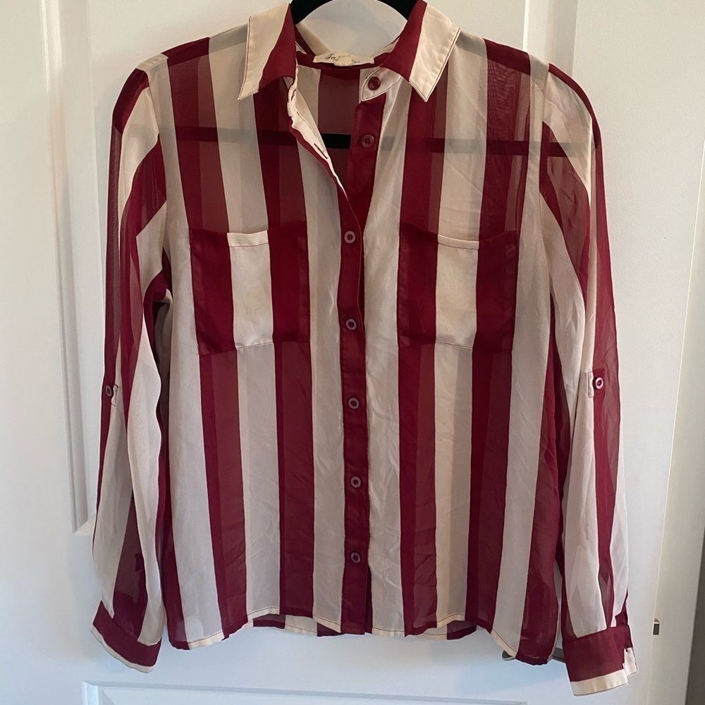 Forever 21 Long Sleeve Sheer Burgundy and Cream Striped Blouse